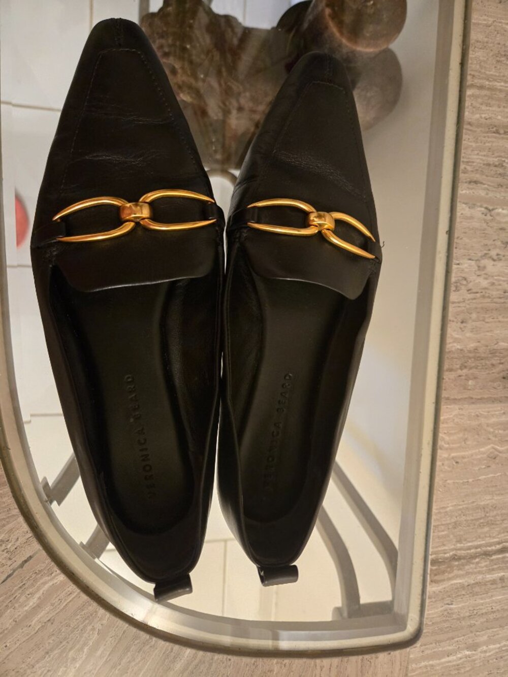 Veronica Beard Black Leather Pointed Loafers with Gold Horsebit - Picture 6 of 9